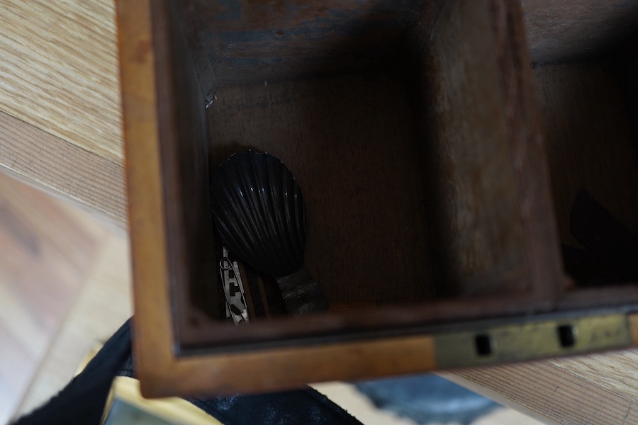 A George III tea caddy, possibly a commemorative made from the timbers of a ship, the top inset with a Tassie style white paste miniature portrait bust of a gentleman, signed ‘Wray’, after Robert Bateman Wray (II), medal